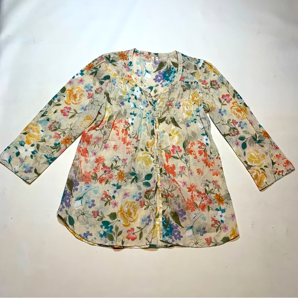 Grand & Greene Women's Neutral Floral Pleated Peasant Blouse Medium Boho Fairy
